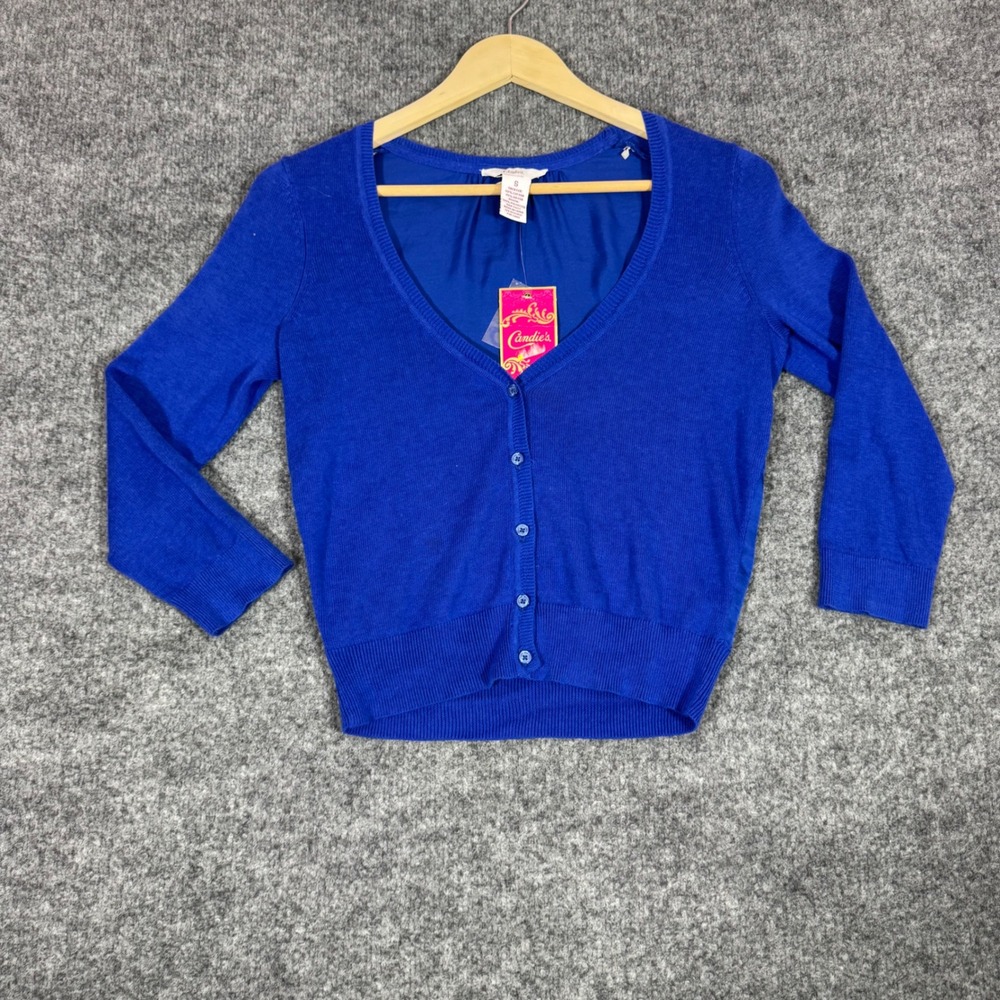 Candie's Cardigan Mixed Media V-Neck Womens Small Blue Cotton Blend NWT Classic
